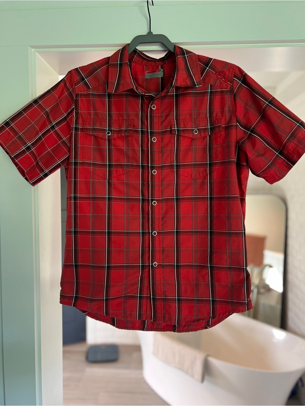 Novara Red Plaid Short-Sleeve Button-Down Reflective Cycling MTB Shirt